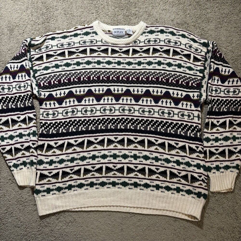 Vintage Duplex Designs Sweater Mens XL Aztec Tribal Geometric Knit Ramie Cotton